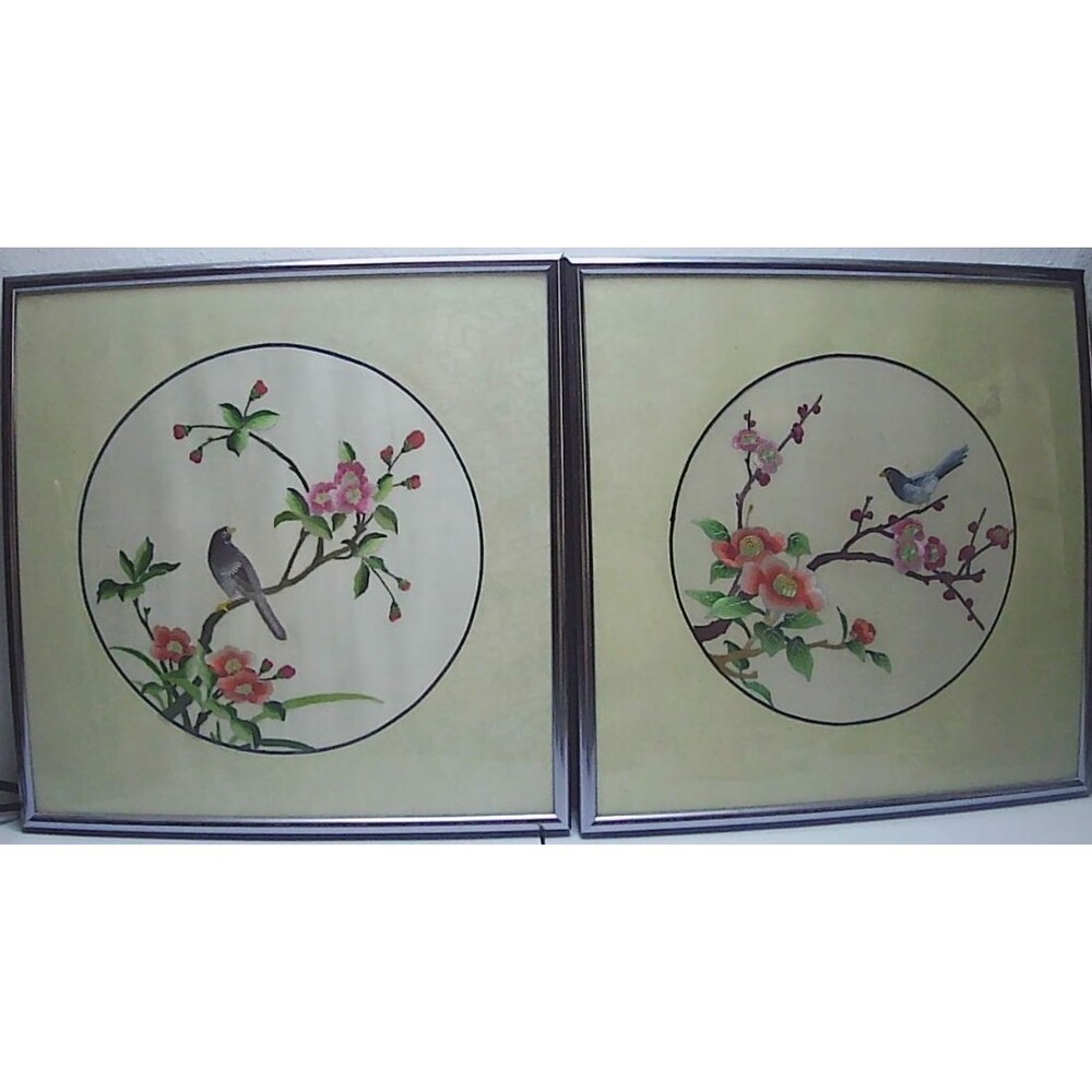 Two Vtg Chinese Suzhou Silk Embroidery Bird & Plum Blossom Framed Silk Art 12x12